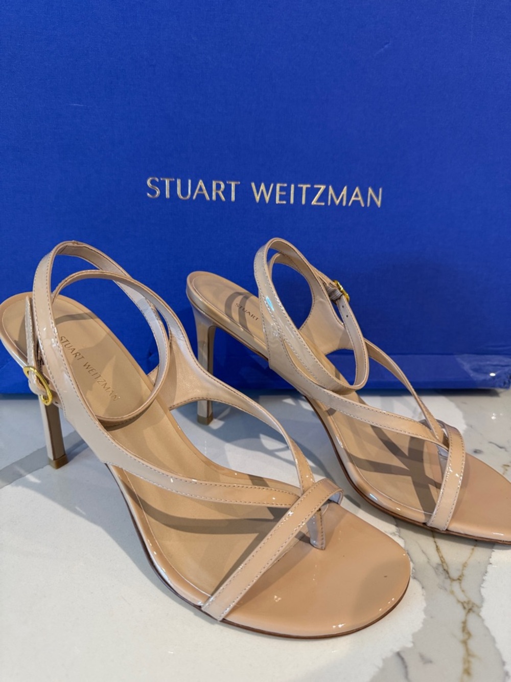 Stuart Weitzman Patent Nude Beige Slingback Heels 10